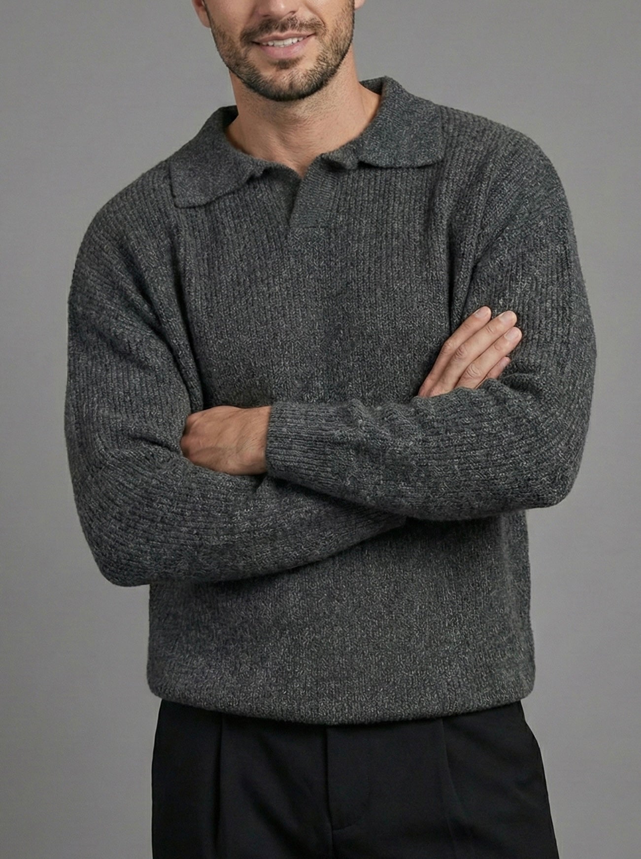 Erkek Premium Geniş Polo Yaka Triko - Koyu Gri PYT05