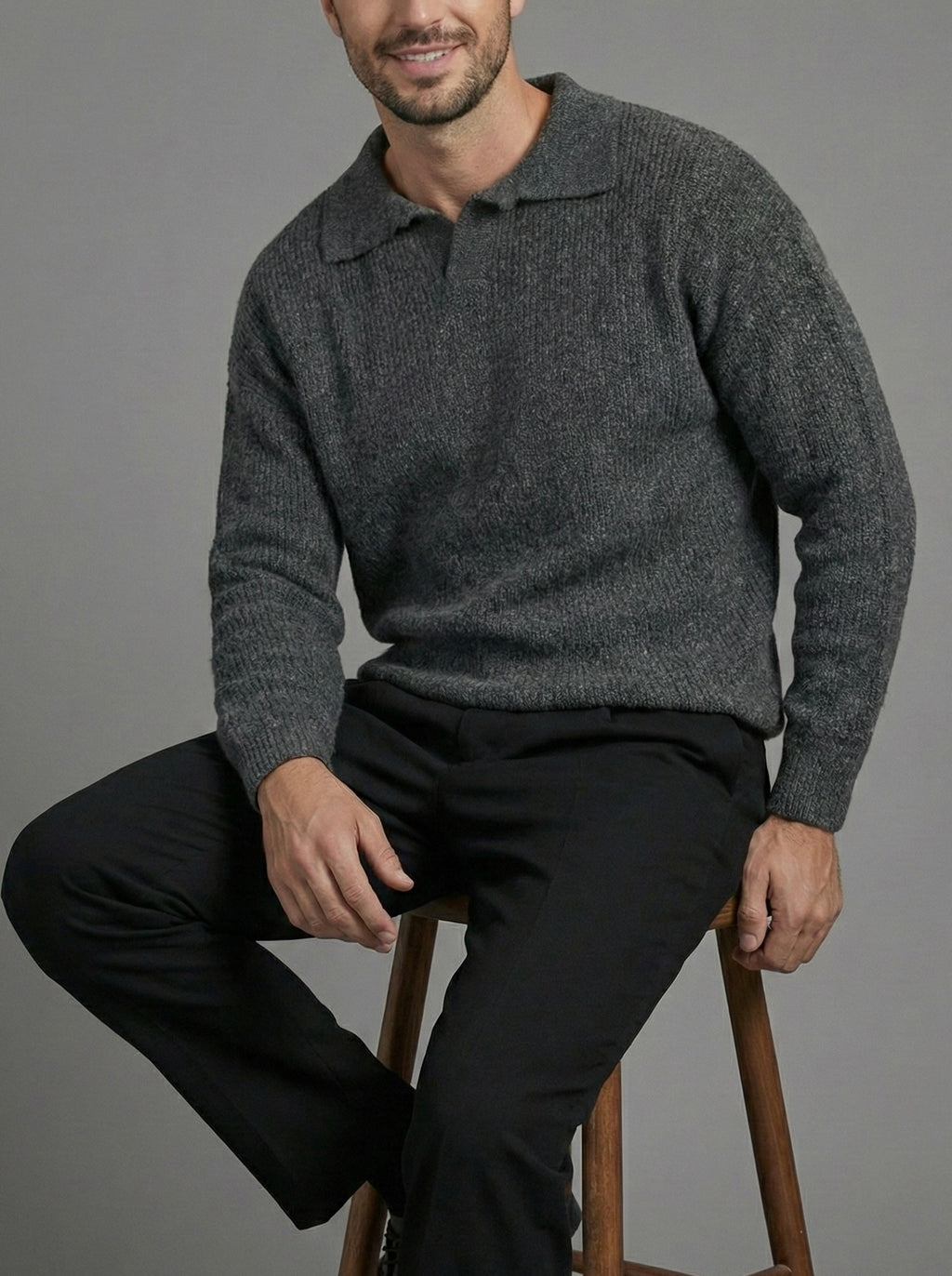 Erkek Premium Geniş Polo Yaka Triko - Koyu Gri PYT05