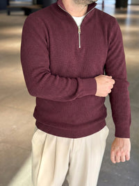 Erkek Yarım Fermuarlı Kazak - Bordo FRM04