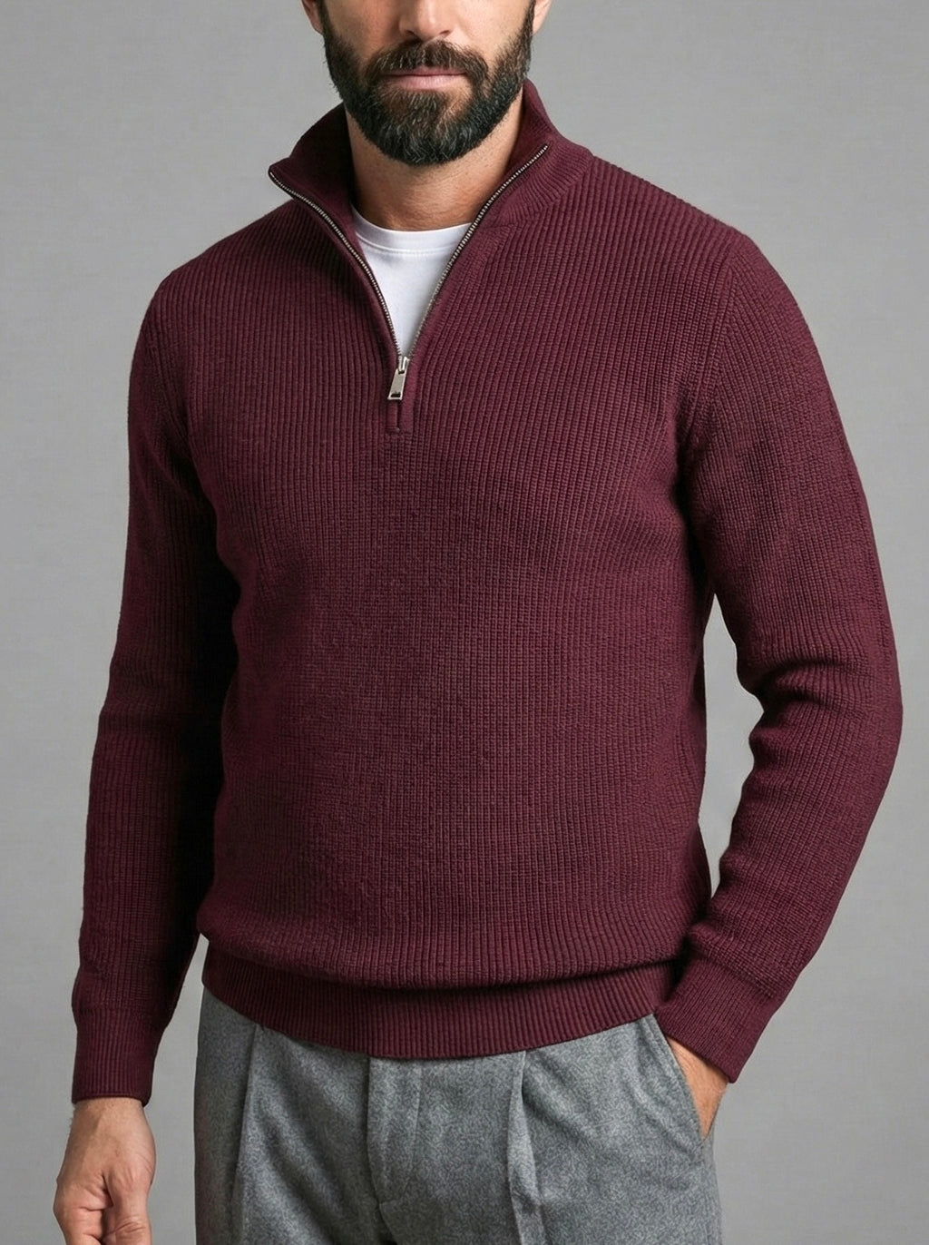 Erkek Yarım Fermuarlı Kazak - Bordo FRM04