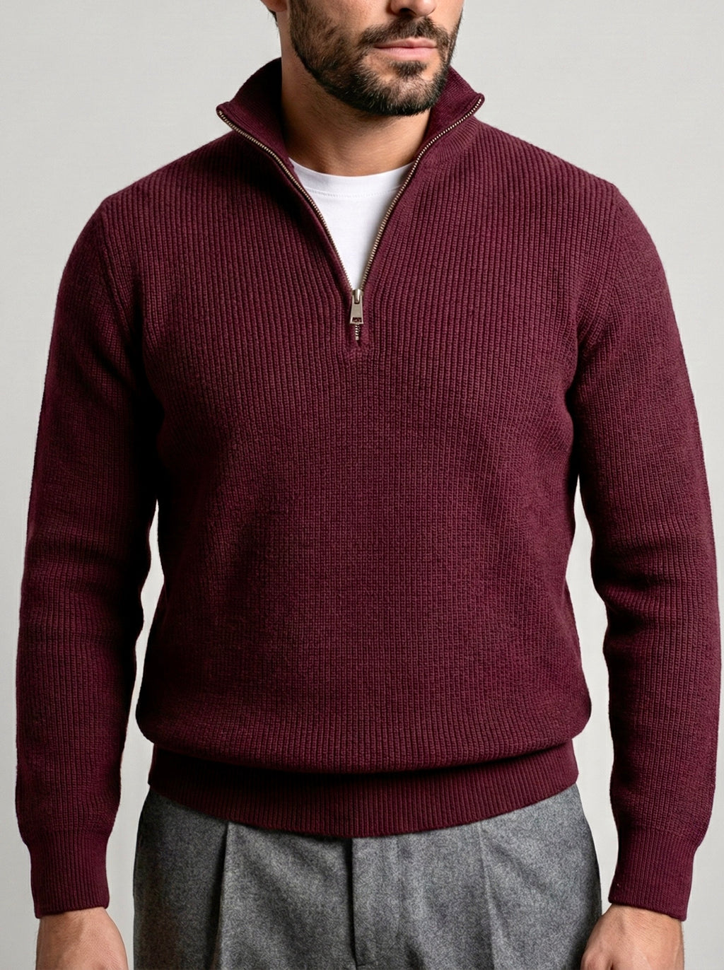 Erkek Yarım Fermuarlı Kazak - Bordo FRM04