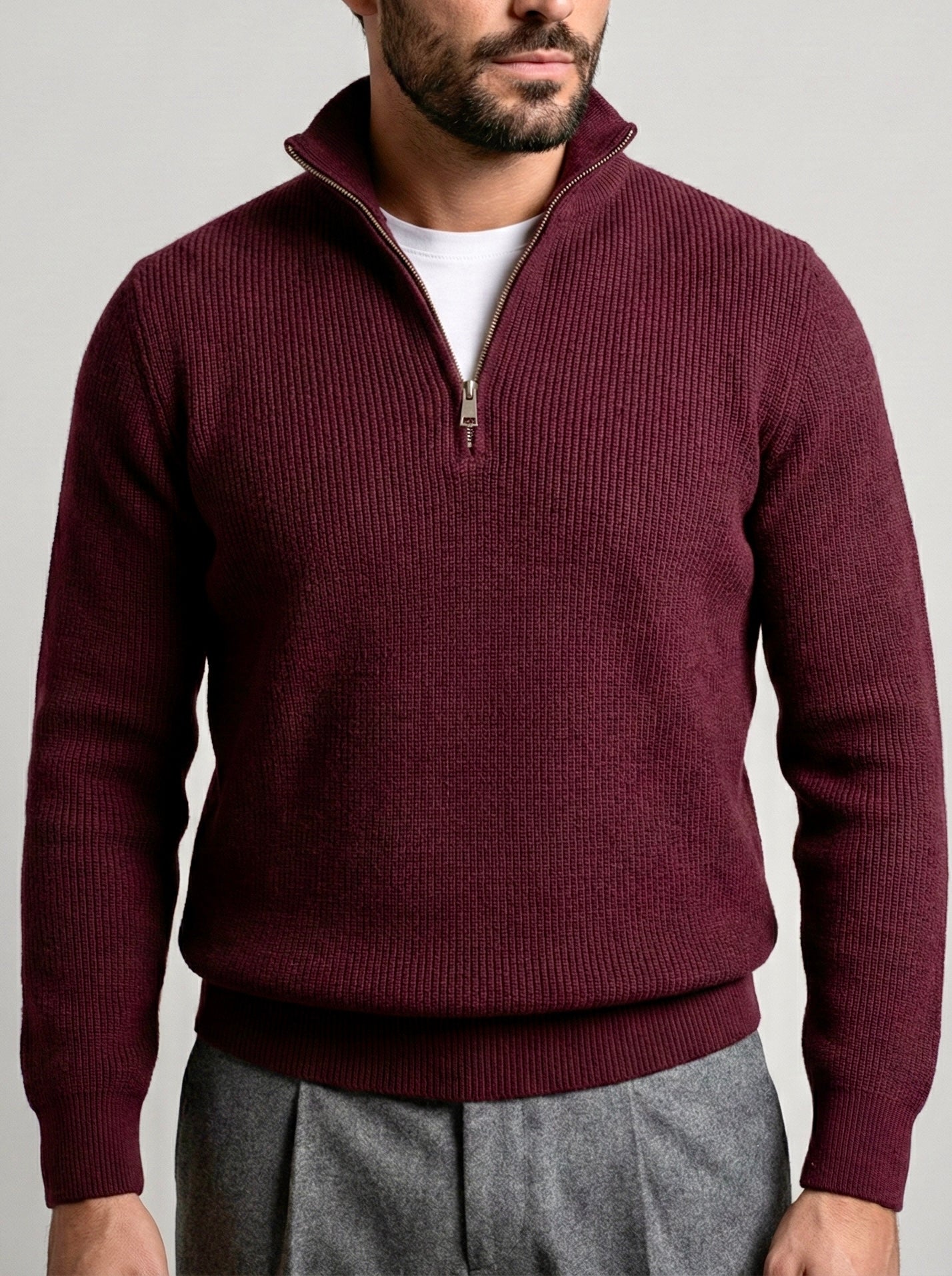 Erkek Yarım Fermuarlı Kazak - Bordo FRM04