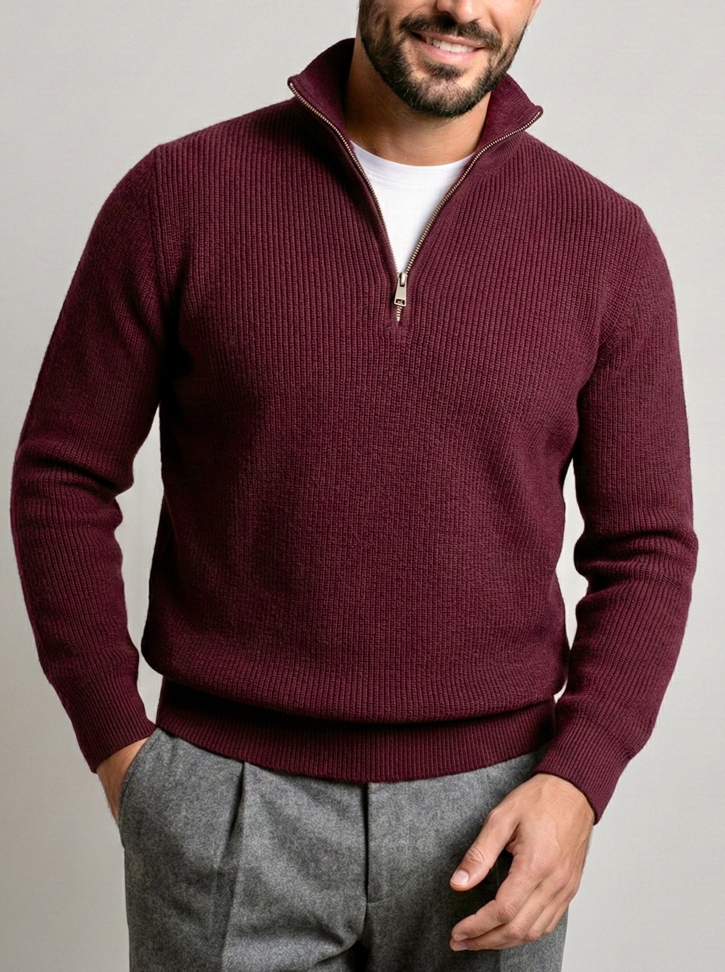 Erkek Yarım Fermuarlı Kazak - Bordo FRM04