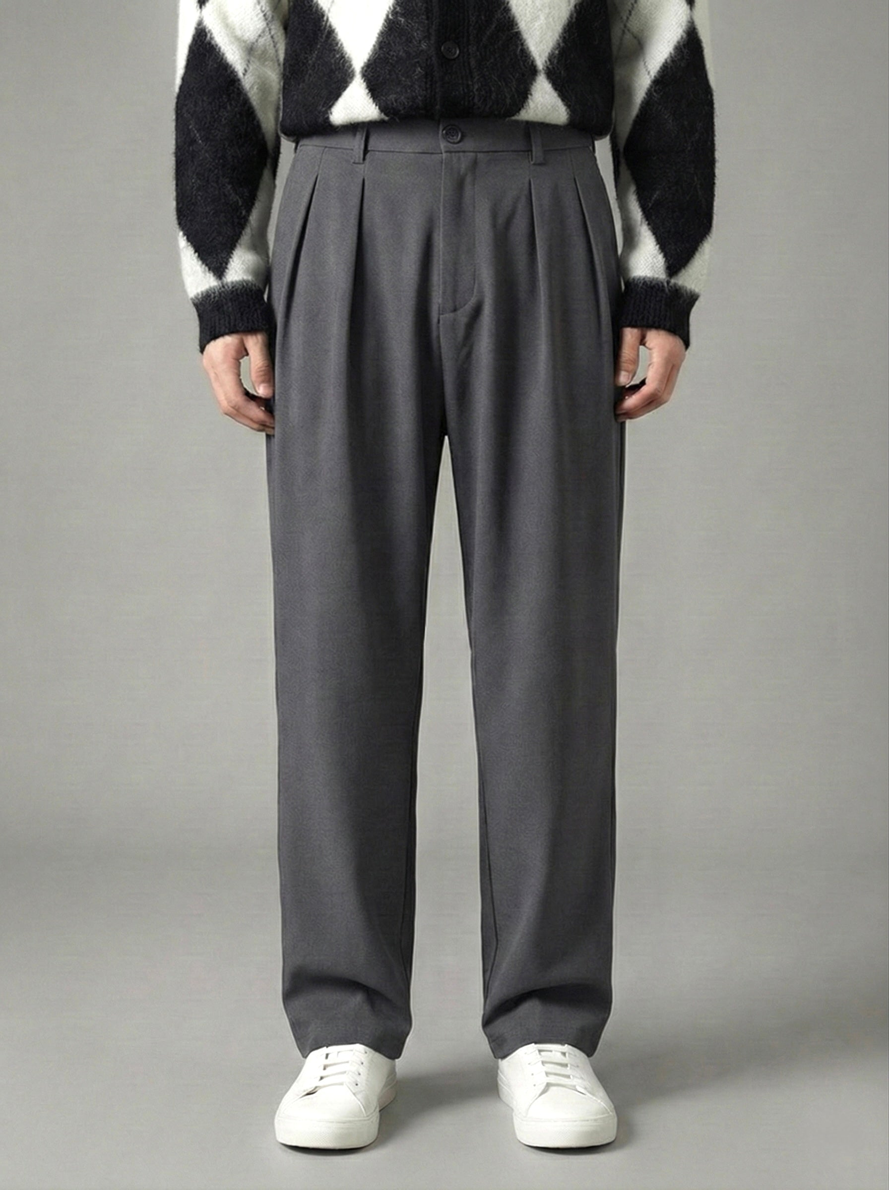 Erkek Standart Baggy Kalıp Çift Pileli Kumaş Pantolon -  Koyu Gri BGY01