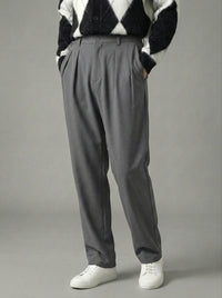 Erkek Standart Baggy Kalıp Çift Pileli Kumaş Pantolon -  Koyu Gri BGY01