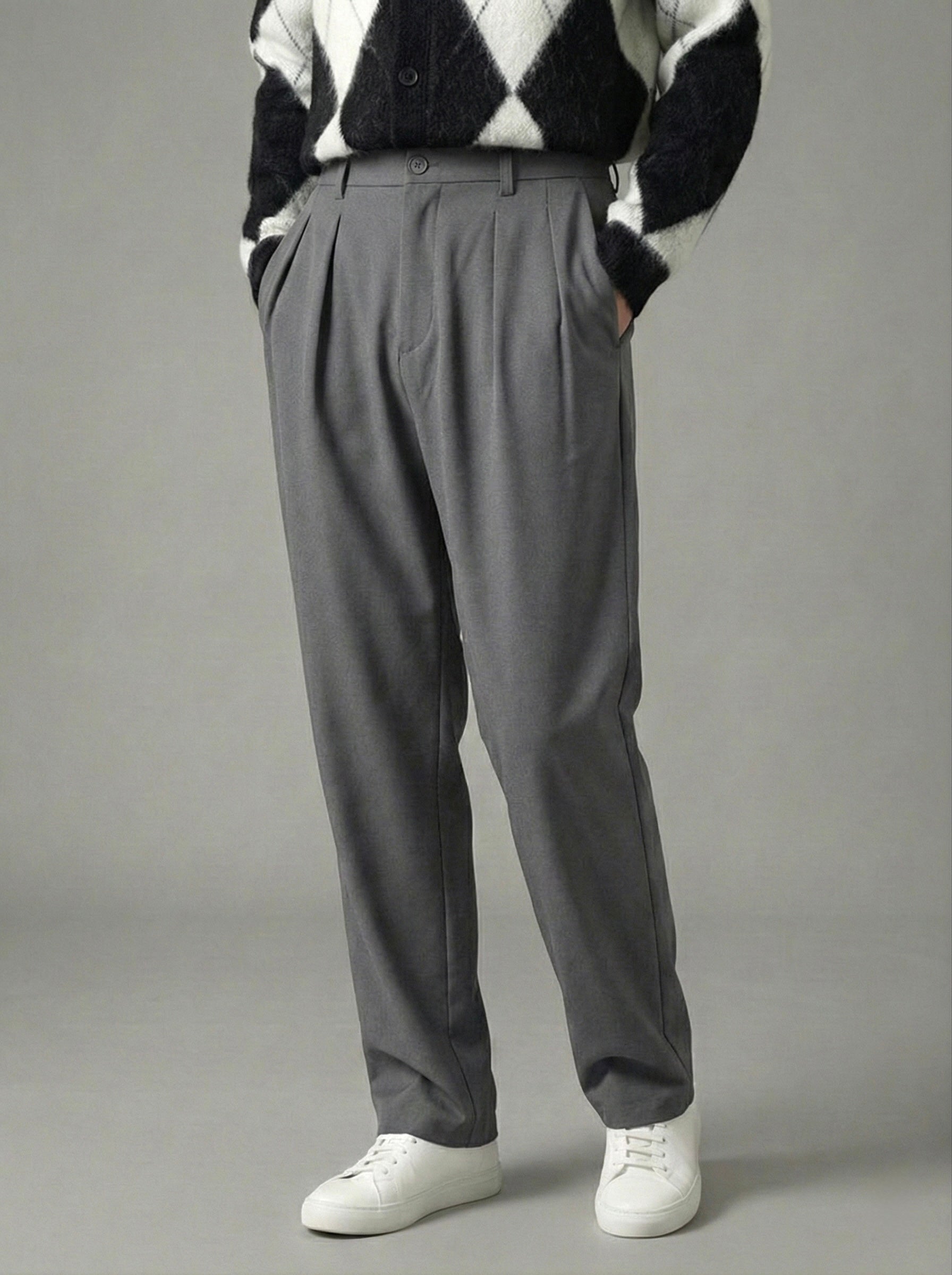 Erkek Standart Baggy Kalıp Çift Pileli Kumaş Pantolon -  Koyu Gri BGY01