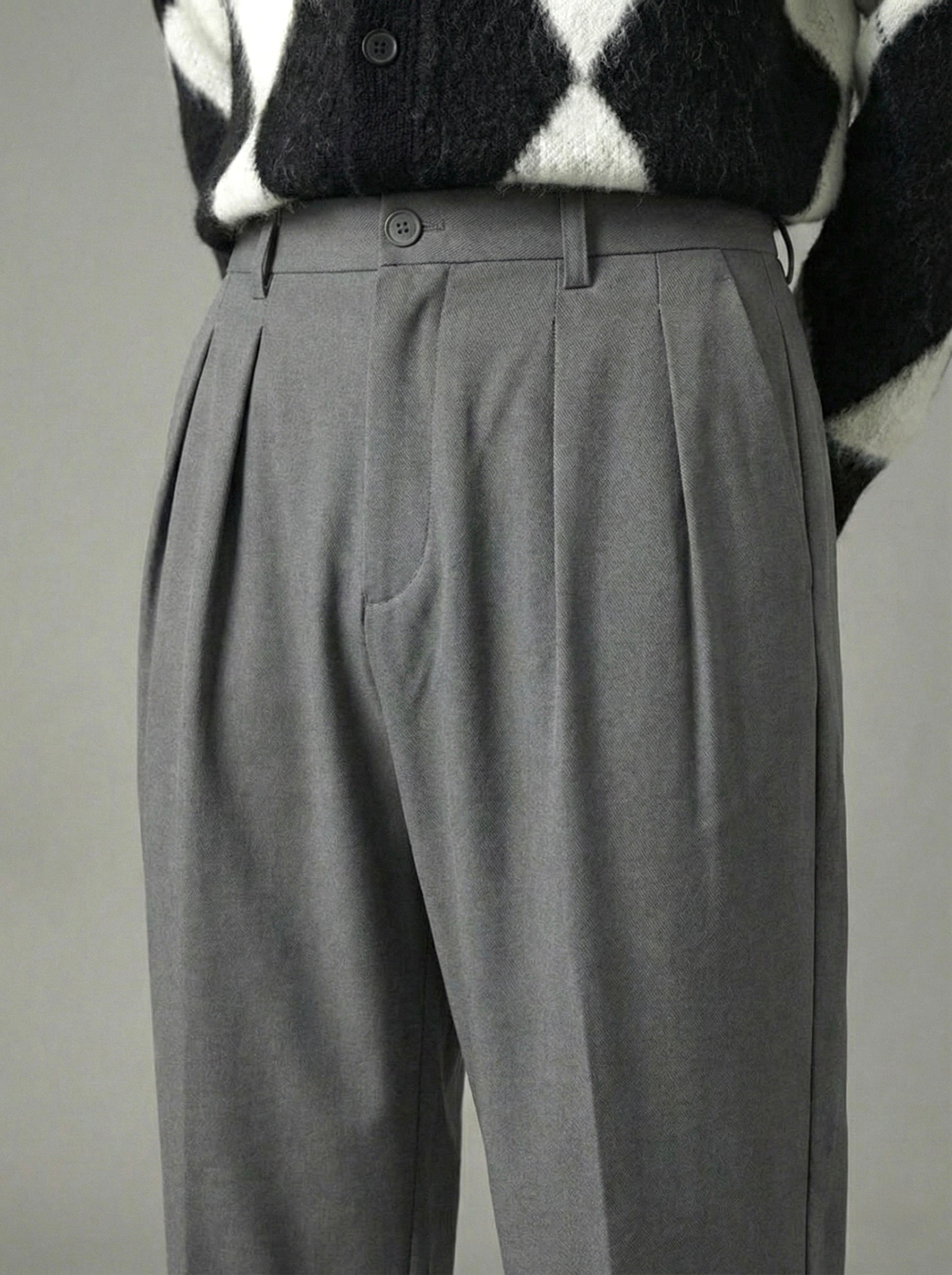 Erkek Standart Baggy Kalıp Çift Pileli Kumaş Pantolon -  Koyu Gri BGY01