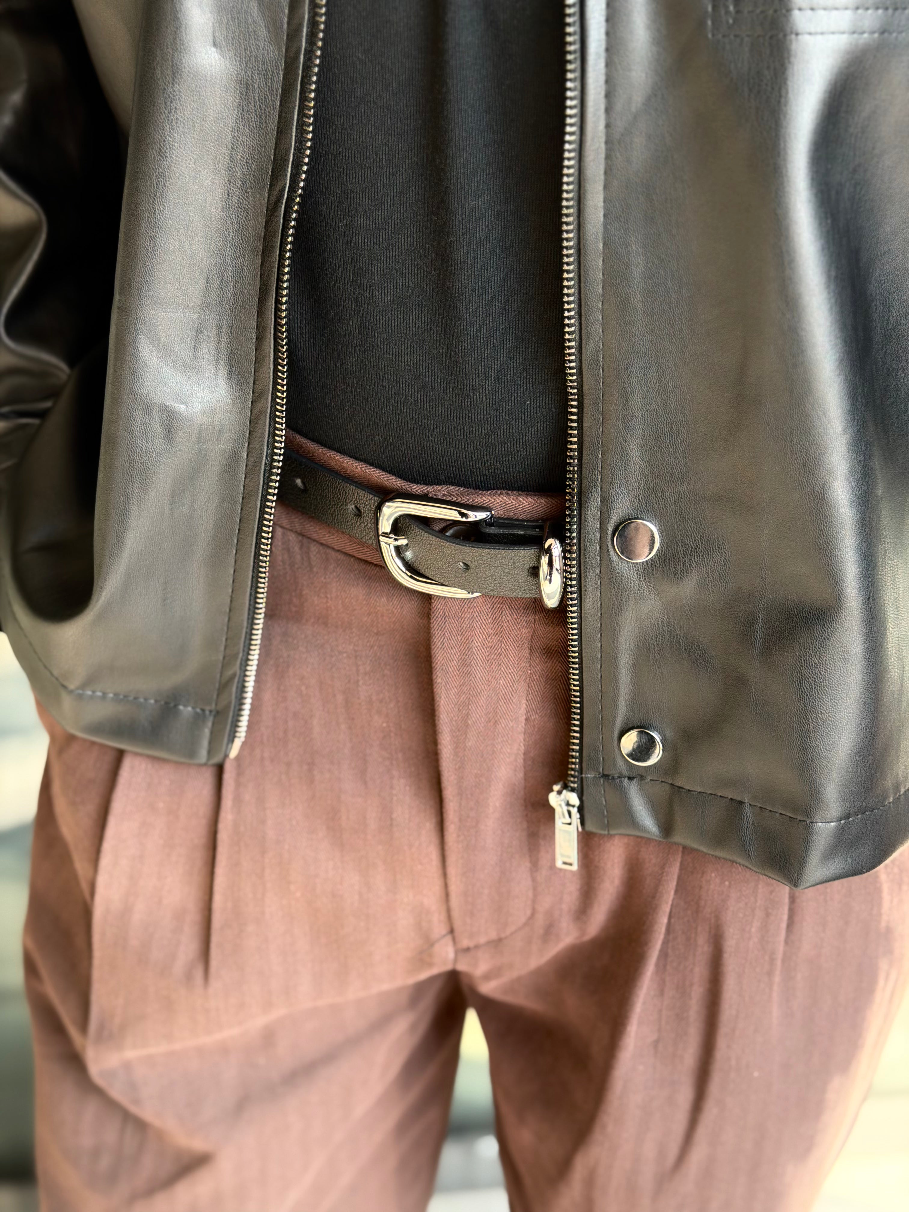 Erkek Standart Baggy Pileli Çizgili Kumaş Pantolon -  Kahverengi BGY12