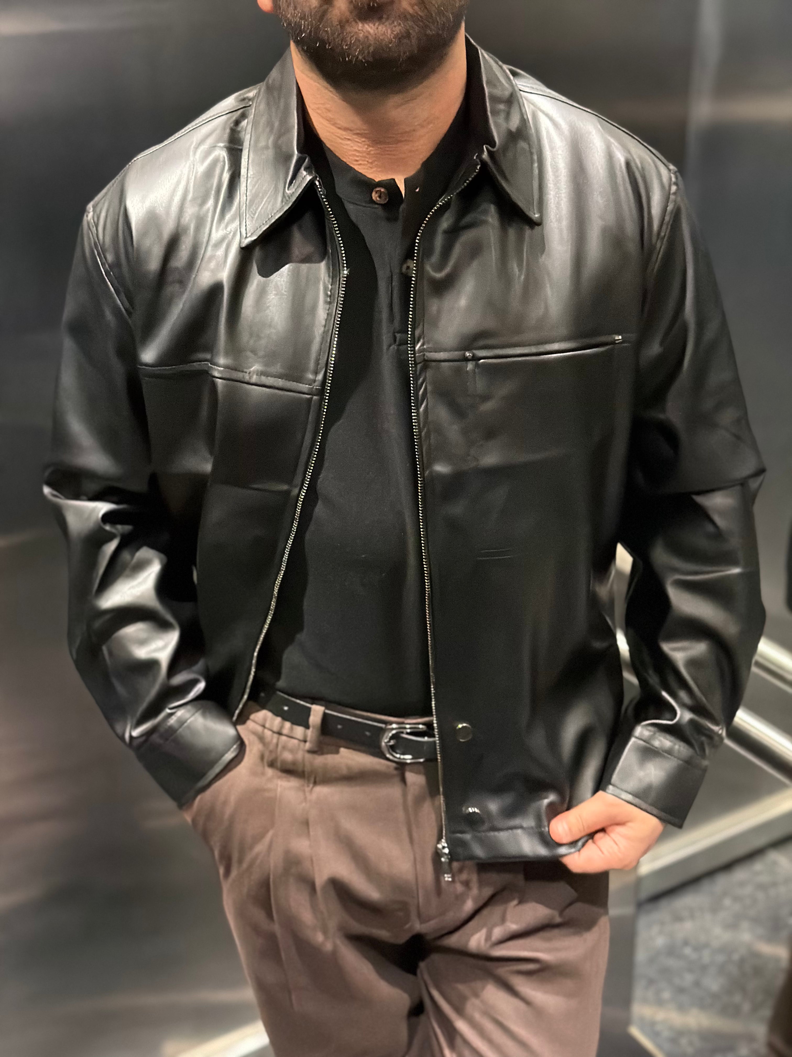 Erkek Cep Detaylı Deri Ceket - Siyah DEM01